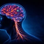 Illustration eines menschlichen Profils mit leuchtendem Gehirn und hervorgehobenem Vagusnerv – Darstellung zur Erklärung, wie man den Vagusnerv beruhigen und das Nervensystem beruhigen kann.