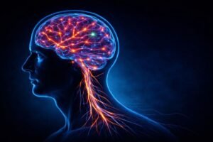 Illustration eines menschlichen Profils mit leuchtendem Gehirn und hervorgehobenem Vagusnerv – Darstellung zur Erklärung, wie man den Vagusnerv beruhigen und das Nervensystem beruhigen kann.