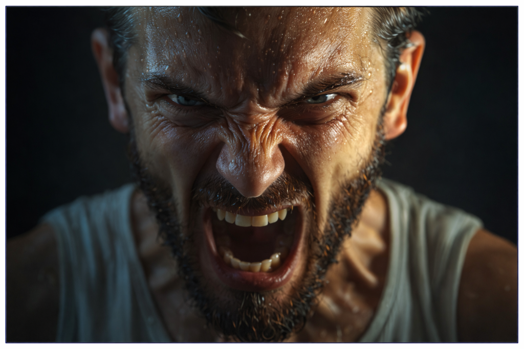 Mann schreit wütend Nahaufnahme Symbol für fehlende emotionale Selbstregulation