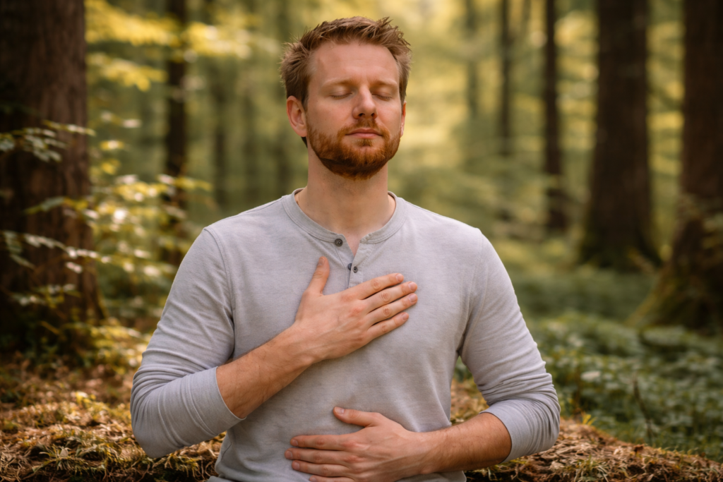 Mann im Wald mit geschlossenen Augen praktiziert kohärente Atmung und Herzkohärenz Meditation zur Regulation des Nervensystems