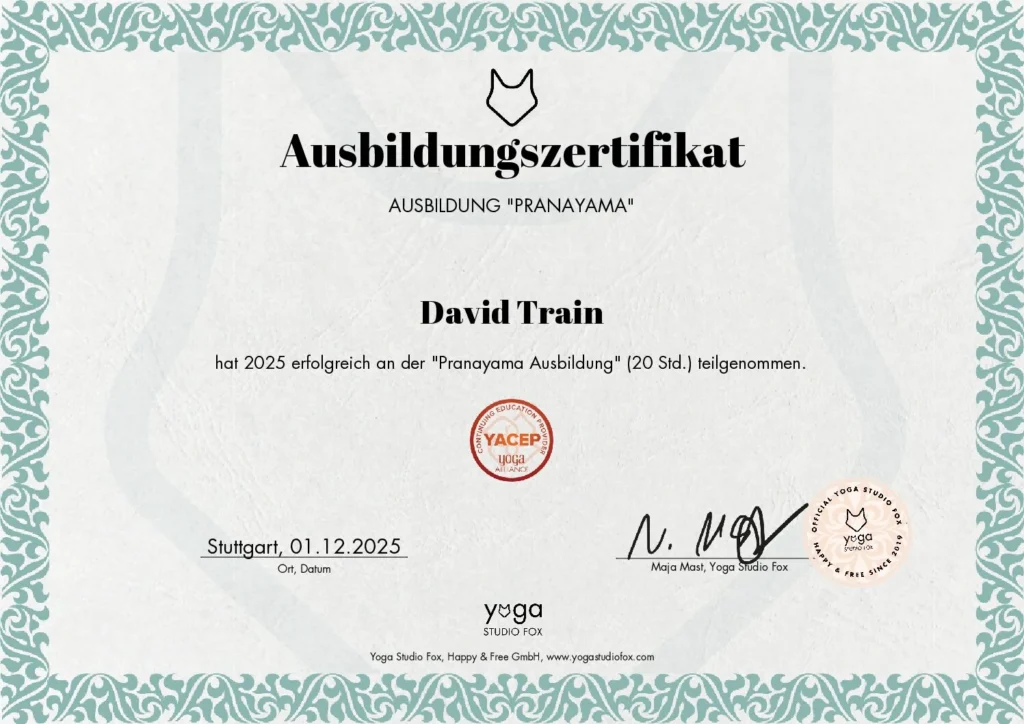 Pranayama Ausbildung Zertifikat David Train – Yoga Studio Fox Atemtechnik