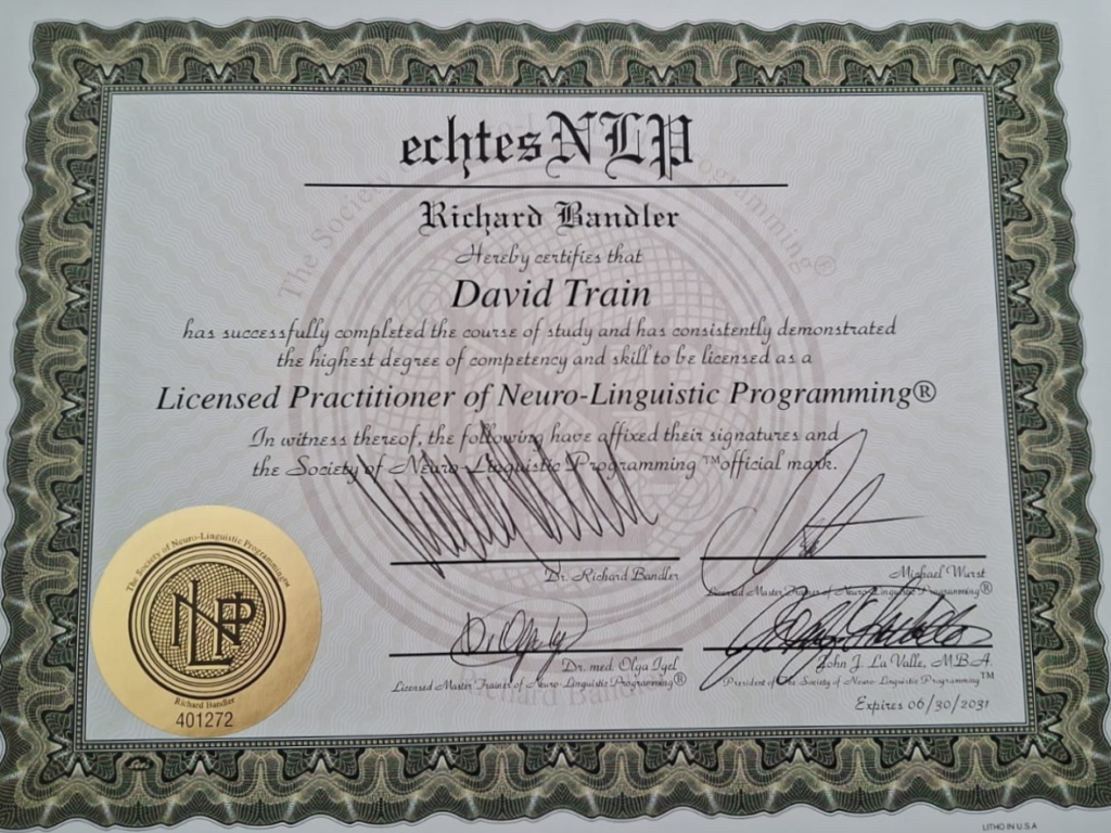 Licensed NLP Practitioner certificate issued by Richard Bandler for David Train – Neuro-Linguistic Programming certification