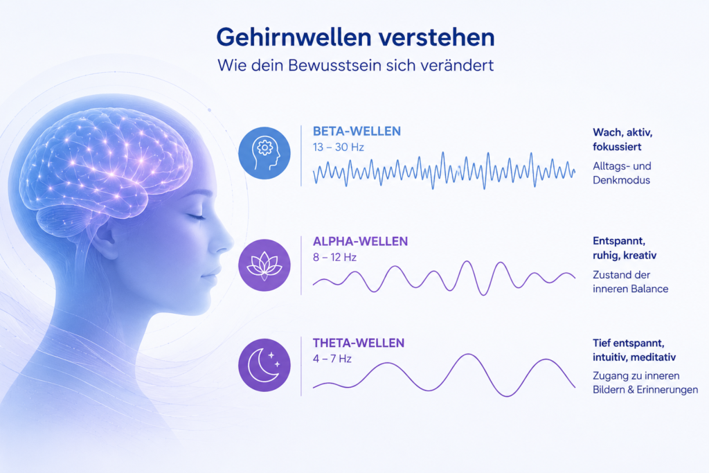 Wissenschaftliche Illustration von Gehirnwellen während einer Breathwork Session – Beta-, Alpha- und Theta-Wellen als sanfte Wellenlinien dargestellt, ruhige meditative Atmosphäre in Blau- und Lilatönen, minimalistisches modernes Design, Symbol für veränderte Bewusstseinszustände, tiefe Entspannung und intensive Breathwork Erfahrungen.