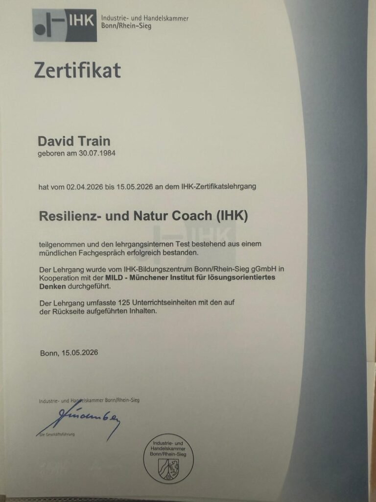 HK-Zertifikat Resilienz- und Natur Coach, David Train, IHK Bonn/Rhein-Sieg, Mai 2026