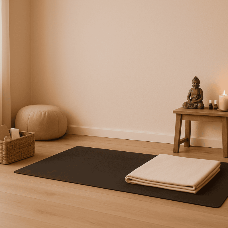 Ein harmonisch gestalteter Raum für Yoga für zuhause: Eine schwarze Yogamatte mit gefalteter Decke liegt auf hellem Holzfußboden, daneben stehen ein Meditationskissen und ein geflochtener Korb mit Zubehör. Ein kleiner Holztisch mit Buddha-Statue, Duftölen und Kerzen verbreitet eine friedliche, achtsame Atmosphäre – ideal für die tägliche Praxis daheim.